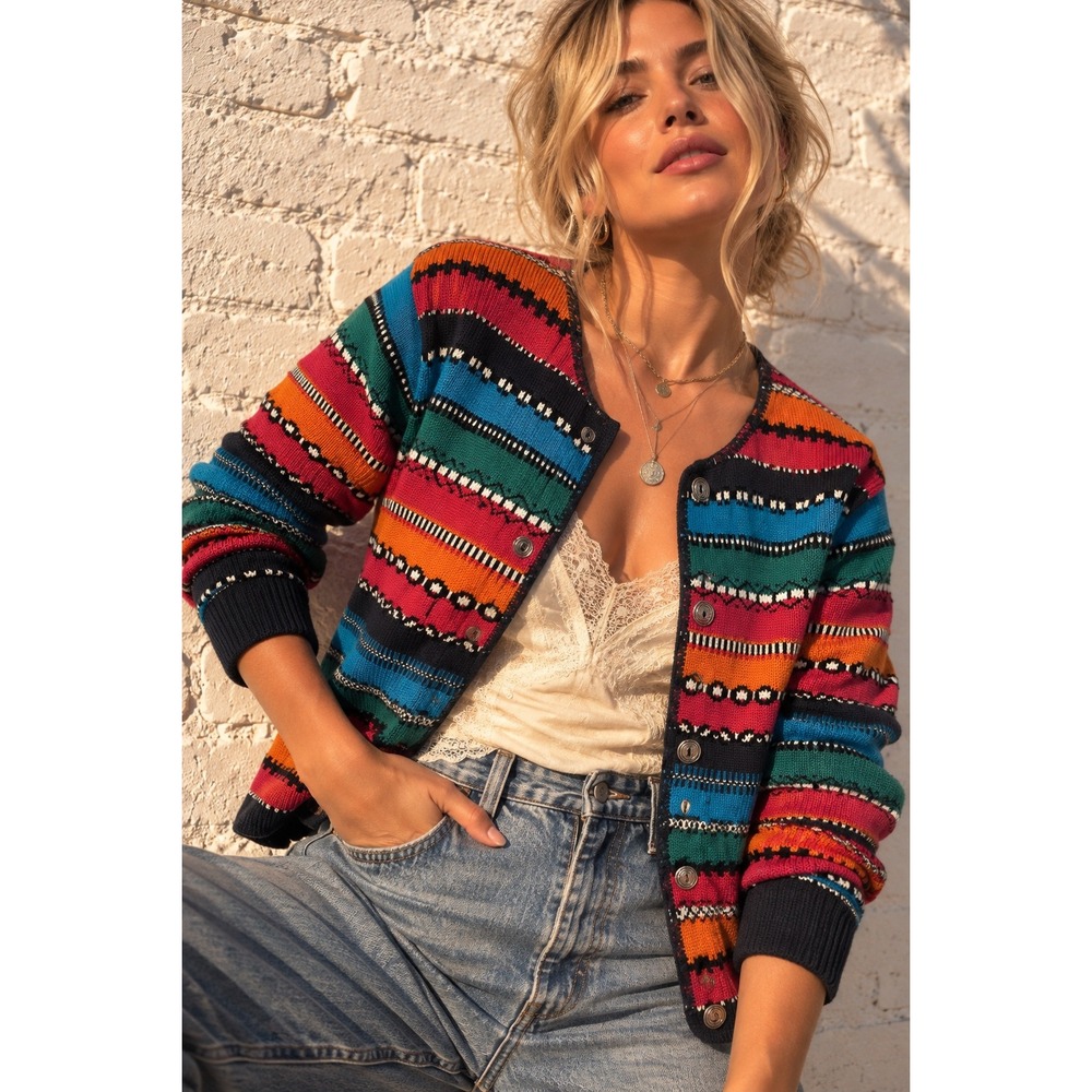 Vintage Lizwear Multicolor Cotton Knit Cardigan Sweater Boho Striped Southwest S